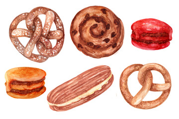 Bakery products set. Watercolor illustrations in 800 dpi.

