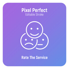 Rate the service, feedback, customer experience thin line icon. Positive, negative, neutral face. Pixel perfect, editable stroke. Vector illustration.