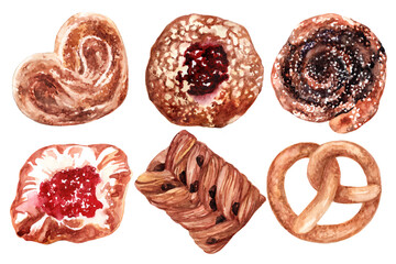 Bakery products set. Watercolor illustrations in 800 dpi.
