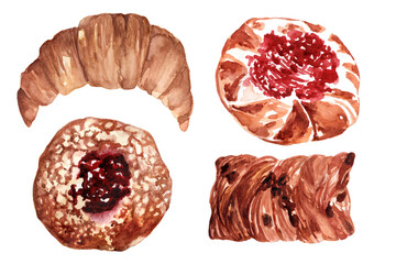 Bakery products set. Watercolor illustrations in 800 dpi.
