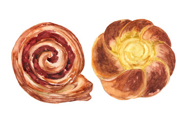 Bakery products set. Watercolor illustrations in 800 dpi.
