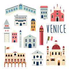 Set of famous buildings and landmarks of Venice. Vector bright set.