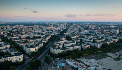 Sunrise over the north part of Bucharest Romania in the new area with tall office buildings