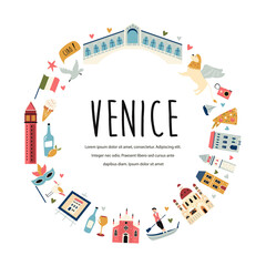 Tourist abstract design with famous destinations and landmarks of Venice.