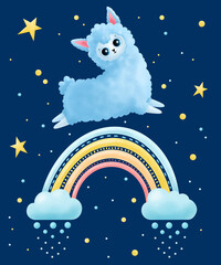 Lama on a background of stars, rainbows. Funny, cute llama, alpaca. © arkadiwna