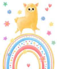 Llama runs on a rainbow surrounded by flowers. Nice, funny llama.