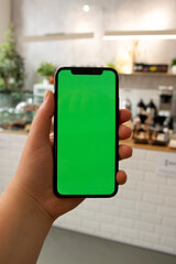 Hand holds the phone. background. Green screen. Mockup Phone. Smartphone in hand.