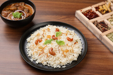 Pulao Veg biryani Spicy Indian Malabar mutton biryani Hydrabadi biryani, Dum Biriyani, pulav, pilaf basmati rice, mixed rice dish meat curry Ramadan Kareem, Eid Kerala, India, Sri Lanka Indian food	