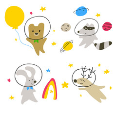 Set of cute animals in space. Hand drawn vector illustrations for kids.