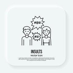 Insults, hate, bullying. Thin line icon. Aggressive behaviour to women from man. Abuse in family. Social problem. Vector illustration.