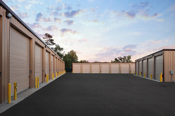 Large industrial storage warehouse complex with brown warehouse buildings at sunset