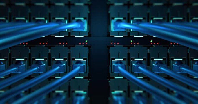 Internet Network Switch With Plugged Internet Ethernet Cables. Concept of Data Center, Cloud Computing and Telecommunications. 3d rendering