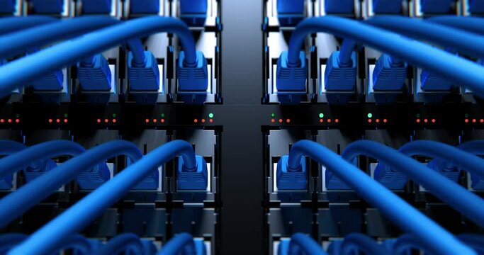 Internet Network Switch With Plugged Internet Ethernet Cables. Concept of Data Center, Cloud Computing and Telecommunications. 3d rendering