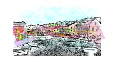 Building view with landmark of Hvar is the 
island in Croatia. Watercolor splash with hand drawn sketch illustration in vector. - obrazy, fototapety, plakaty