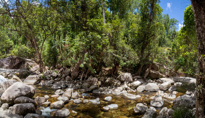 Slow river through the rocky channel in the solid greenery of the rainforest. The panorama on the river stone channel is covered with various rounded cobbles of large sizes. Solid green forest