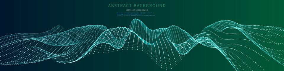 Abstract wavy grid on color background.  Futuristic surface  concept. Vector banner with dots and lines combination wireframe.