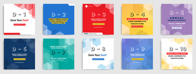 Social media template layout for counting down event post banner feed design in colorful geometric background.