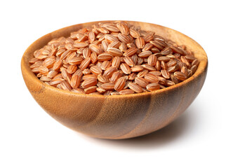 raw short-grain brown rice in the wooden bowl, isolated on white background