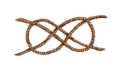 Watercolor illustration of a rope tied with a sea knot. Eight knot, tie together. Rope, wire rope, jute. Isolated on white background. Drawn by hand.