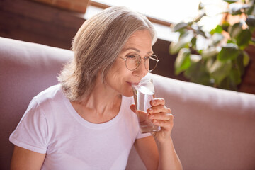 Photo of happy adorable retired woman dressed white t-shirt sitting couch drinking water smiling indoors flat home house