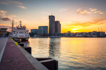 Fototapeta premium Panorama of the marina in Gdynia with modern architecture at sunset. Poland