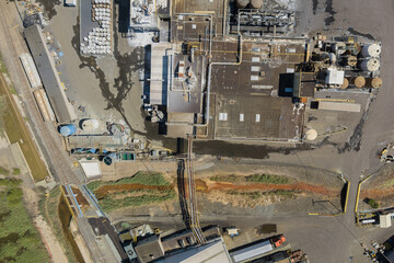 Aerial view chemical industry production building with tanks for the storage of materials