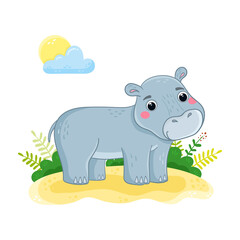 Obraz na płótnie Canvas Cute Hippo in cartoon style. African animal vector illustration.