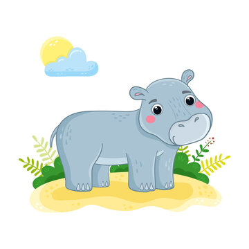 Cute Hippo in cartoon style. African animal vector illustration.