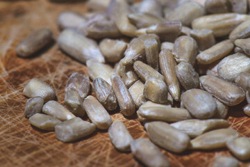 Some sunflower seeds on wooden table