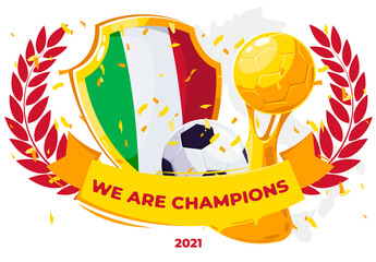 vector illustration of a group of objects, a shield with the Italian flag, a gold cup with a soccer ball, a gold ribbon with the inscription We are the champions, a golden confetti of the winner