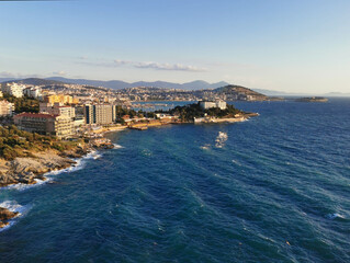 Naklejka premium Beautiful evening view of the city and the Aegean Sea from the balcony. Turkey, Kusadasi.