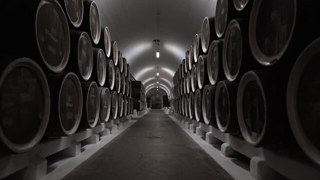 Old wine cellar with wooden barrels. Winemaking, wine production, wine industry
