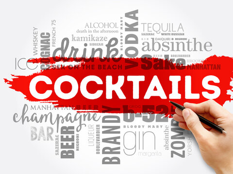 Different cocktails and ingredients, word cloud collage, design concept background