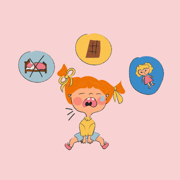 crying girl illustrations, spoiled girl wont go to bed, crying over chocolate and dolls,vector