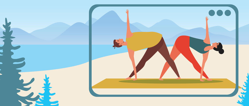 Couple yoga blog, copy space template, flat vector stock illustration with couple doing yoga asanas online or yoga exercises in the mountains for design
