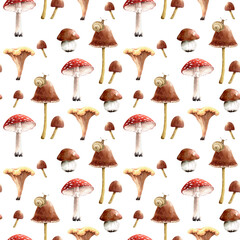 seamless pattern with forest mushrooms on a white background, watercolor illustration, hand painted..