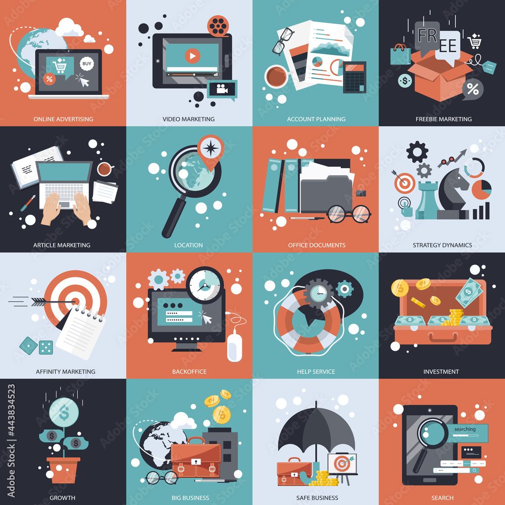 Wall mural business, technology and management icon set for websites and mobile applications. flat vector illus