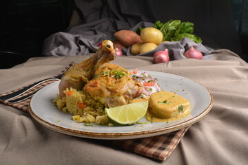 stewed chicken with sauce and fried rice with mash potato and vegetables salad Peruvian cuisine menu