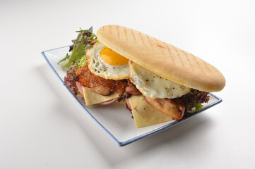 assorted sandwiches club with focaccia bread, grilled teriyaki chicken , cheese and fried egg with salad in white background western halal menu