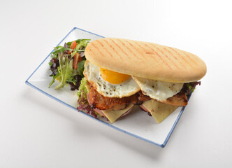 assorted sandwiches club with focaccia bread, grilled teriyaki chicken , cheese and fried egg with salad in white background western halal menu