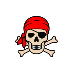 Symbol Jolly Roger. Icon pirate skull isolated on white background. Skull in bandanna and bones graphic sign. Vector illustration