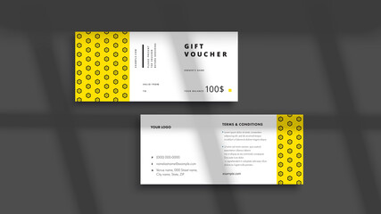 Abstract gift voucher card template. Modern discount coupon or certificate layout with geometric shape pattern. Vector fashion bright background design with information sample text. - obrazy, fototapety, plakaty
