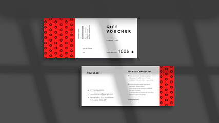 Abstract gift voucher card template. Modern discount coupon or certificate layout with geometric shape pattern. Vector fashion bright background design with information sample text.