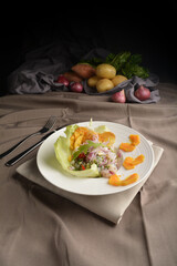 mixed raw smoked fish with fruit and salad dressing appetiser Peruvian cuisine menu