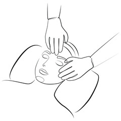Facial massage, cosmetic procedure line drawing on white isolated background