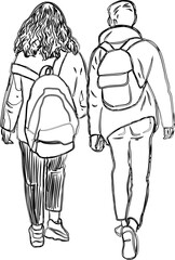 Contour vector drawing of couple teenagers walking together along street