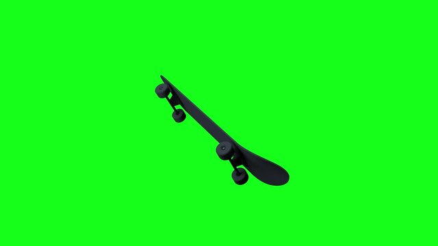 Close up black skateboard flying and flipping in the air, 3d rendering looping animation movement, green screen and alpha channel background.