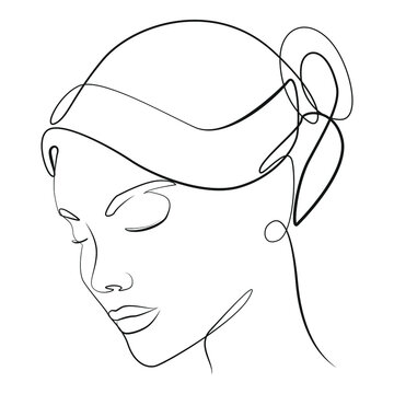 recommend clip art: Close-up woman's head with hairstyle line drawing on white isolated background