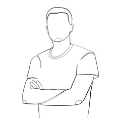 A man stands with his arms crossed on his chest one line drawing on white isolated background