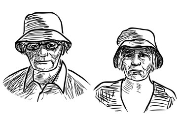 Sketch of portraits of couple  old people in panamas